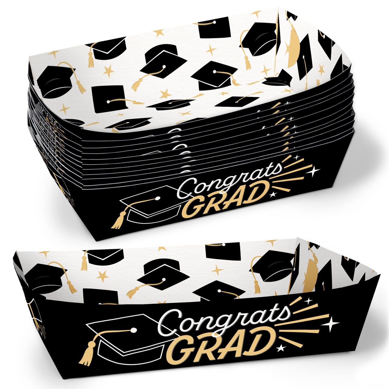 Big Dot of Happiness Black and Gold Graduation Paper Food Trays, Disposable Food Boats for Congrats Grad Party Double-Sided Paper Meal Holders - 12 Ct